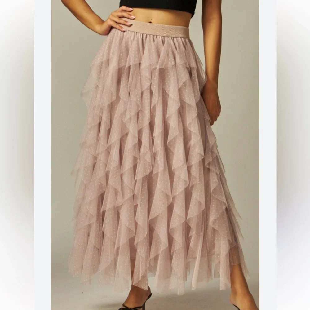 Carrie Black Textured Tulle Mesh Midi Skirt - Picture 2 of 4